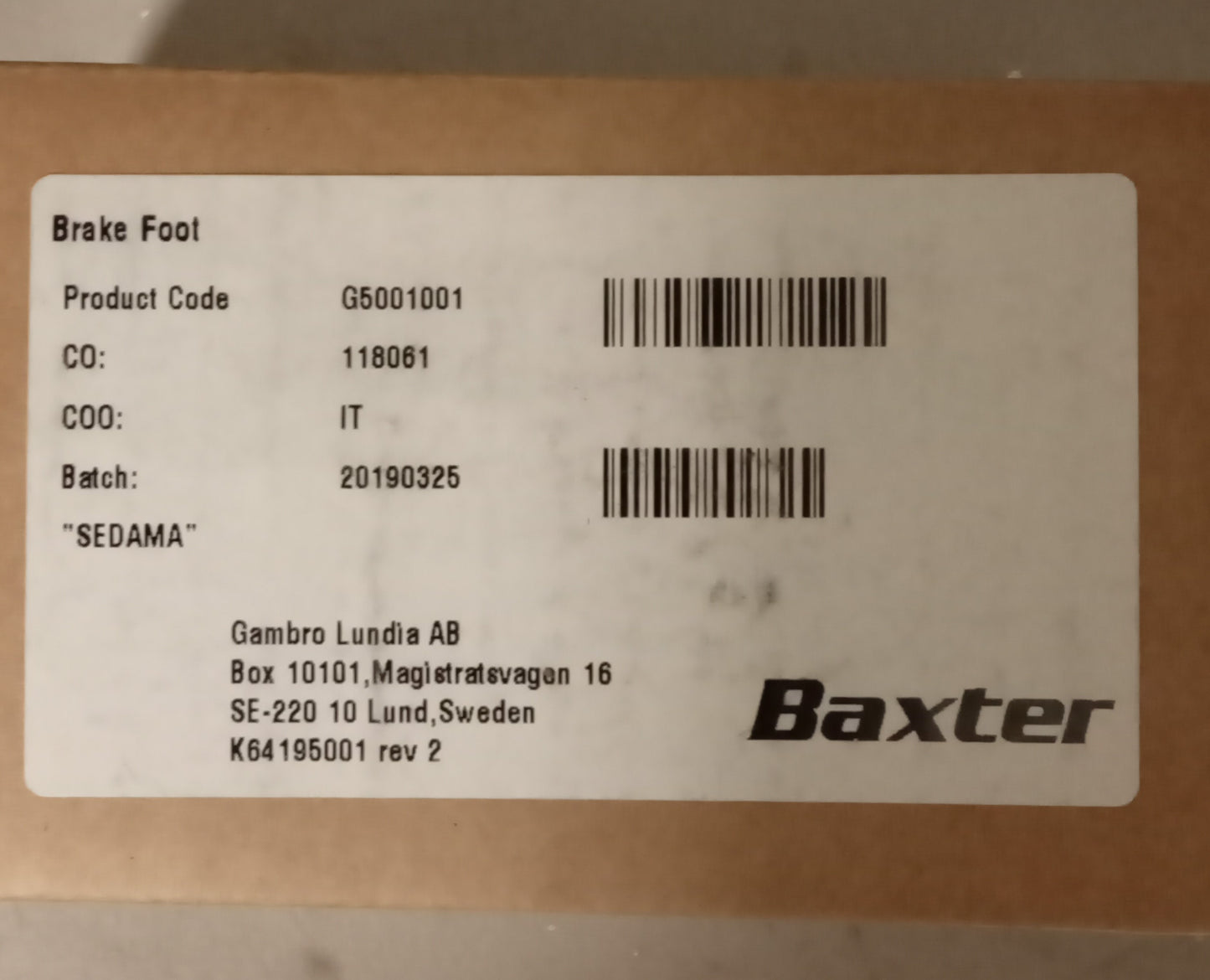 BRAKE FOOT ASSEMBLY by Baxter Healthcare Corp.  Prismaflex G5001001